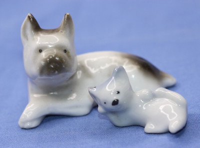 Lot of 2 Porcelain Miniature Figurines Mini French Bulldog Dog & Cat Buddies