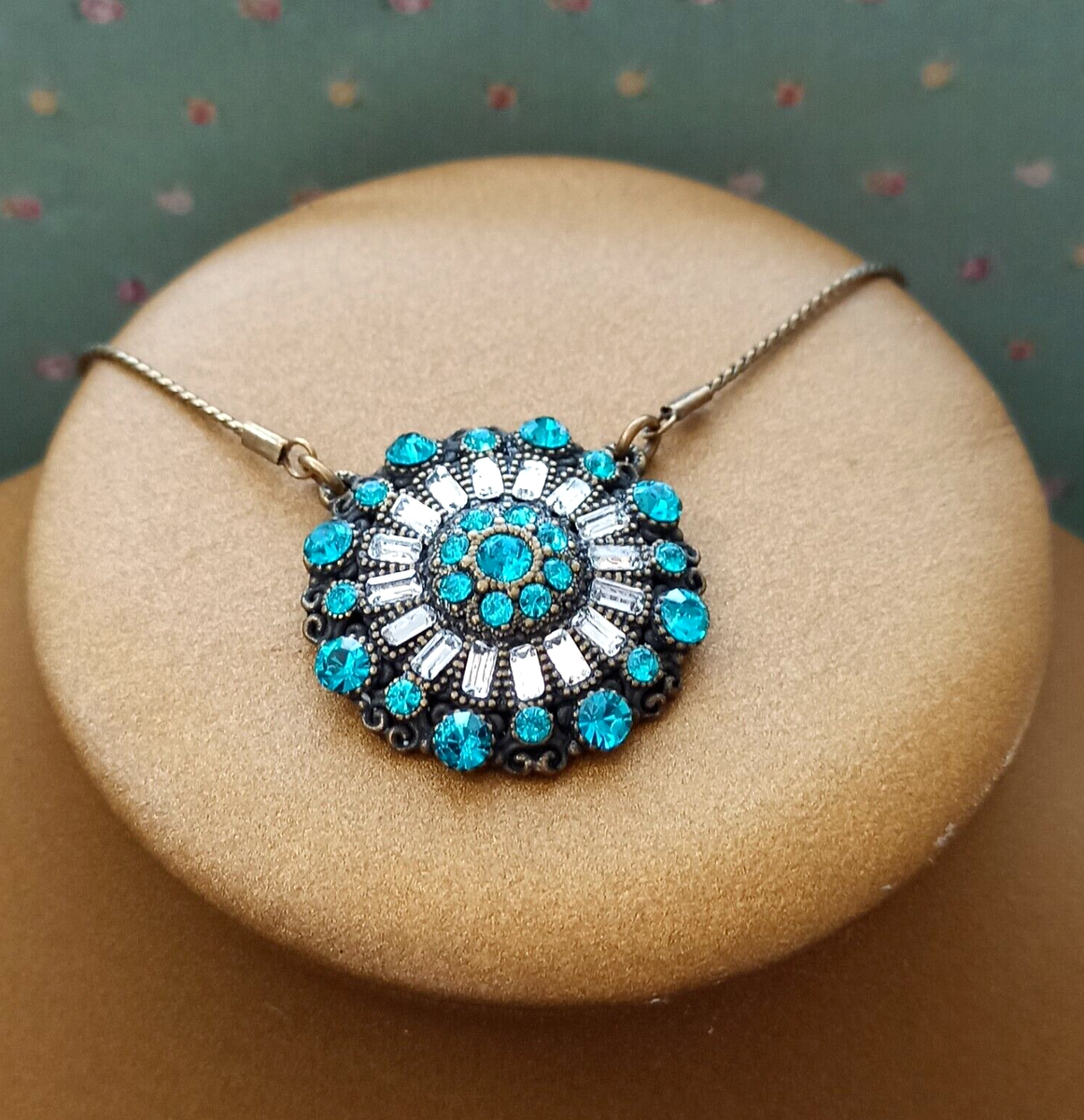 Michal Negrin Necklace Large Medal Azure Blue Pendant & Swarovski