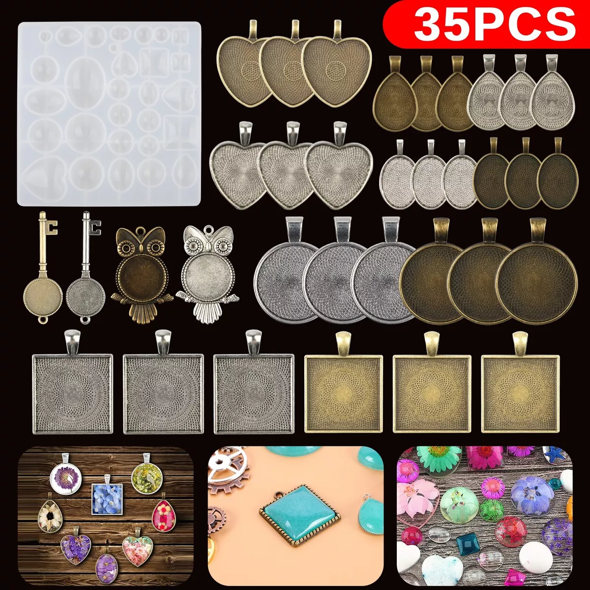 35PCS DIY Silicone Resin Mold Jewelry Casting Epoxy Pendant Tray