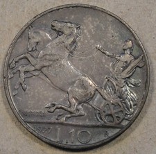 Italy 1927-R 10 Lire Nice Mid Grade Popular Horse and Chariot Rider