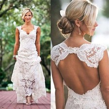 Vintage Boho Wedding Dresses V-Neck Backless Lace Appliques Train Bridal Gowns
