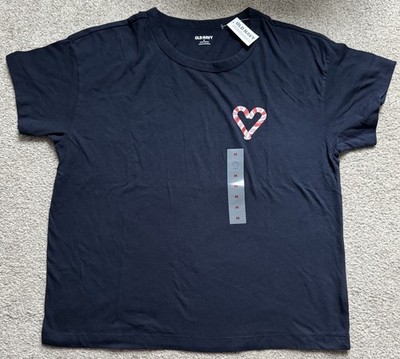 Old Navy T Shirt Womens M Dark Blue Candy Canes Heart Short Sleeve Holiday New