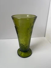 Vintage Green Pressed Glass Vase Grapevine Pattern Trumpet Flared Vase 7.5”
