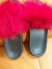 Women s Red Faux Fur Fur Trim Slide Sandals Slip On Flat Casual Size 7