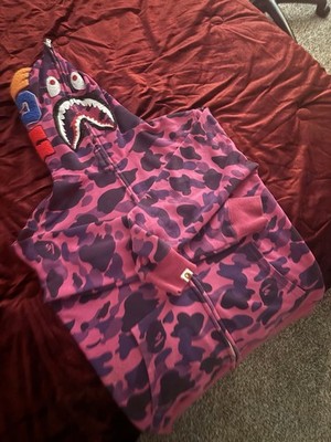 A Bathing Ape Men's Shark Camo Full Zip Fleece Hoodie Purple Cotton Hooded