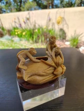 Vintage Chinese Soapstone Monkey Figure Brush Pot Inkwell Hand Carved Art