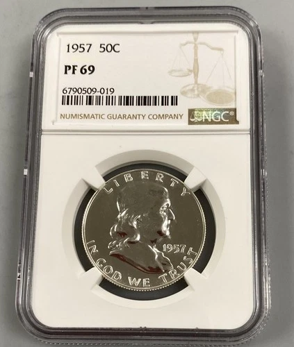 1957 NGC PF69 US 90% Silver Franklin 50c scarce L23790