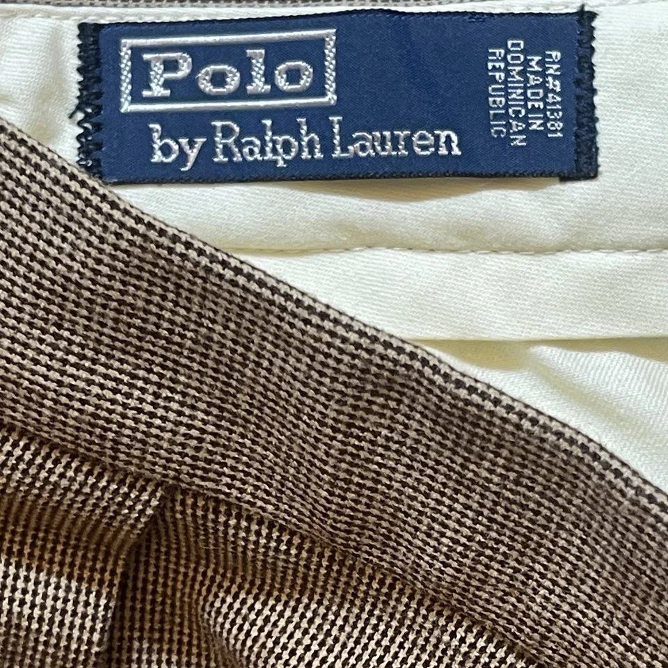 Pantalones Polo Ralph Lauren 36x30 Marrón Pata de Gallo Plisados Puños Cintura Alta De Colección Foto 4 de 4