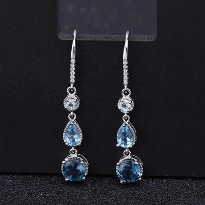 Elegant Hand Made Natural Gemstone Swiss Blue Topaz Drop Earrings Gift