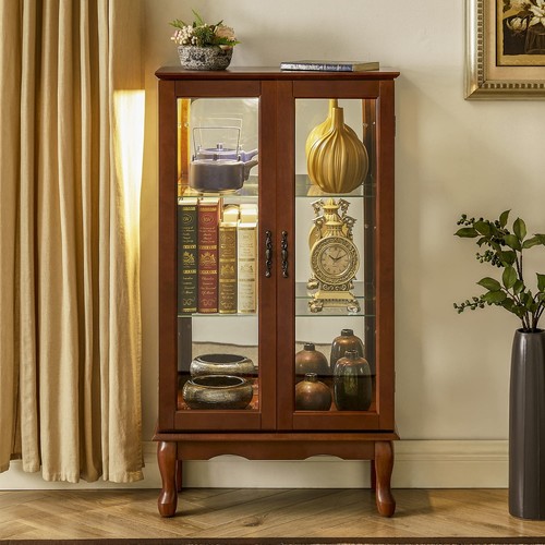 Curio Display Cabinet with Adjustable Glass Shelves Mirrored Back Panel Tempere