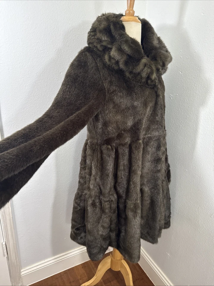 Jone Swing Coat Womens S Brown Tiered Faux Fur Rockabilly Mob Wife Glam - Image 3 of 4