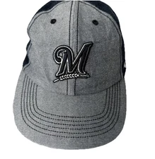 Milwaukee Brewers Hat Cap Fitted Mens MLB Baseball Gray Black Denim Script Twill