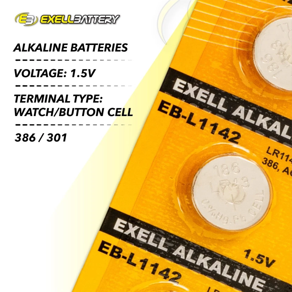 Batería de reloj alcalina 1,5 V 10pk Exell EB-L1142 compatible con AG12 386 LR43 Foto 3 de 4