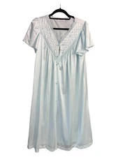 Vanity Fair Vintage Blue Nylon Nightgown M Lace Button Front 70s Cottagecore