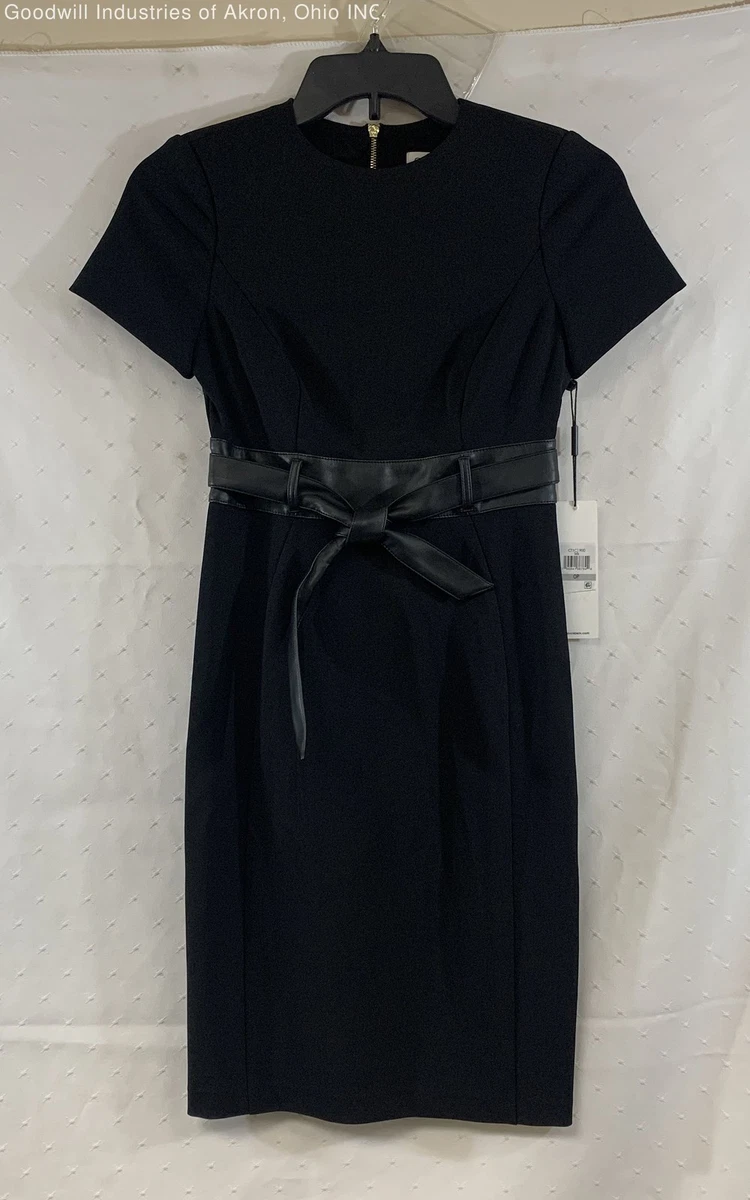 calvin klein leather trim dress Calvin Klein Women's Faux-Leather-Trim Sheath Dress - Black