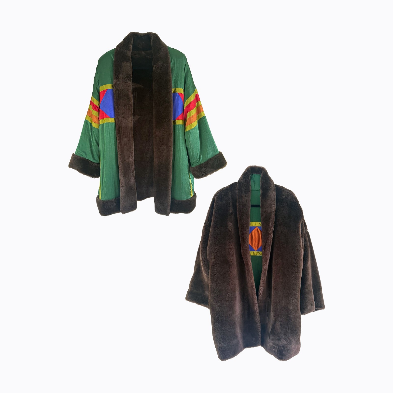 Vtg 80s Ann Tijan Kenar Reversible Cocoon Coat Large Green Colorblock Faux Fur