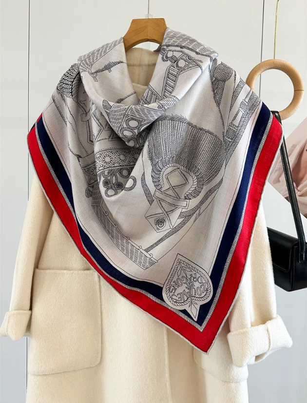 70% Cashmere 30% Silk Wrap Scarf Double Face Print Shawl 53'' Gray horse Print - Image 3 of 4