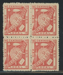 ARGENTINA MH Selections: 1891 TIERRA DEL FUEGO Local 10c (Oro) BLOCK of 4 $$$
