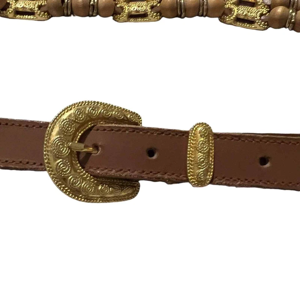 Express Boho gold beaded belts with leather. Gold buckle. Size: 35” - Image 3 of 4