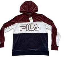  90 FILA Men's Pull Over BAGGIO VELOUR Colorblock Hoodie Jacket Medium Tawn/Navy