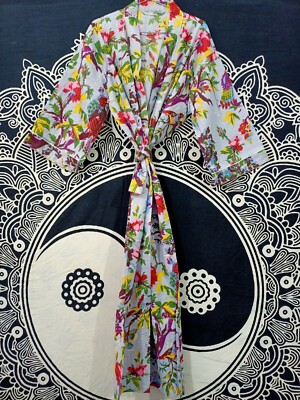 Kimono Lungo In Cotone Indiano Stampa Uccellini – Vestaglia Donna, Taglia Unica