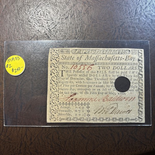 Massachusetts colonial currency Teo Dollars May 5 1780 Signed Holed Cancel