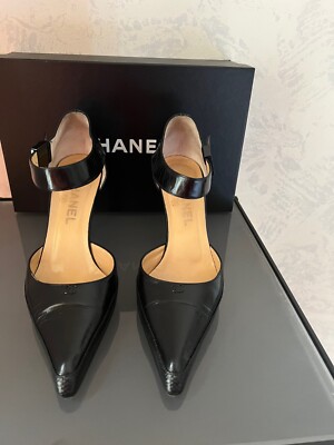 AUTHENTIC CHANEL SLINGBACK CLASSIC BLACK SHOES HIGH HEELS 38.5/8.5