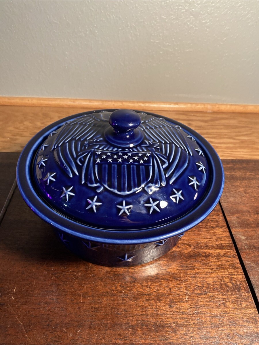 Longaberger Pottery American Eagle Cobalt Blue Round Covered