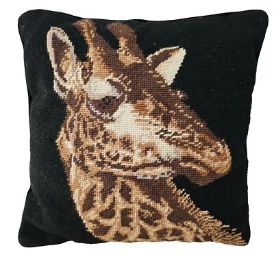 Vintage Giraffe Safari Needlepoint Accent Throw Pillow Charming 13.5 x 13.5''