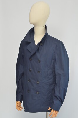 Esemplare Men Navy Blue Nylon Waterproof Double Breasted Trench Coat Jacket Sz48