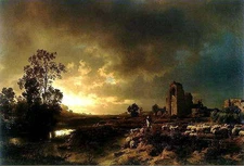 Classical Oil painting The Evening Mood in Campagna landscape with sheep canvas