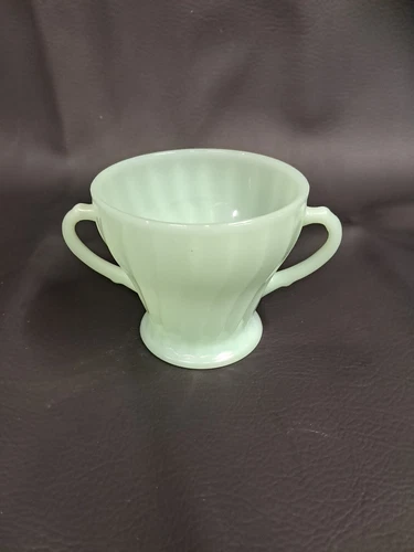 VTG Fire-King Jadeite Swirl Shell Double D Handle Sugar Bowl, ca 1962-1974. (Y)