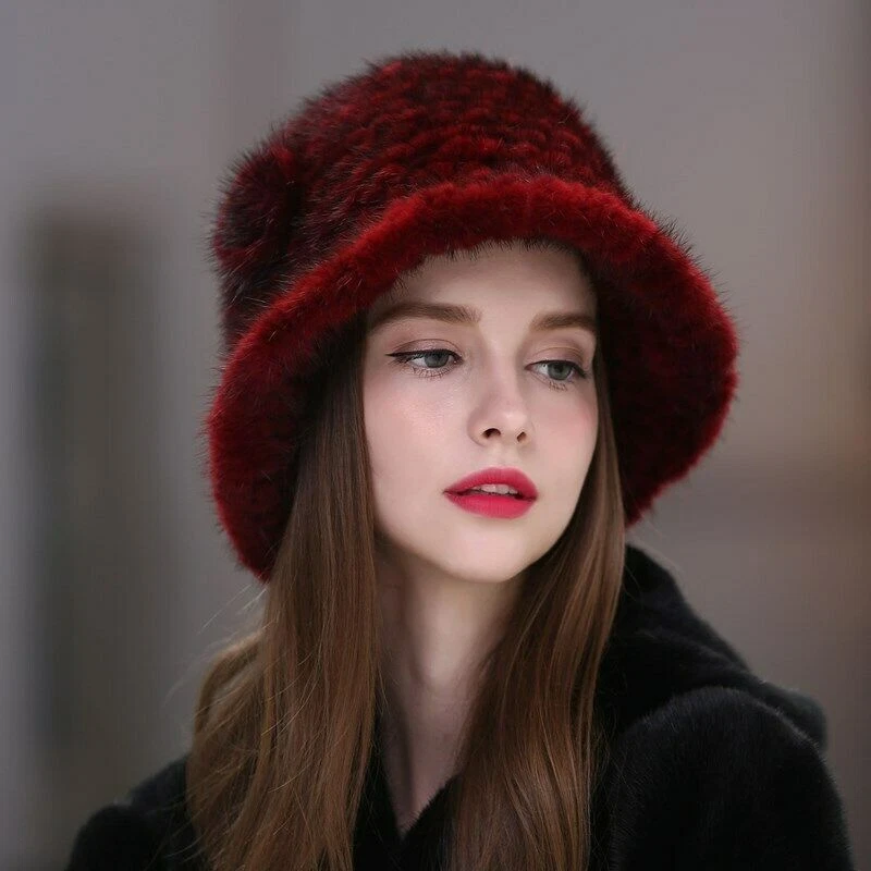 Real Mink Fur Hats For Women Knitted Bucket Hat Winter Warm Cap With Ear Flaps - Image 3 of 4