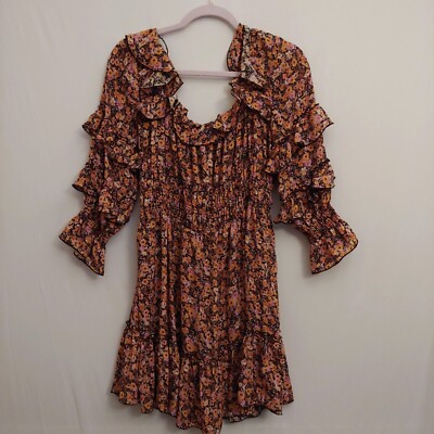 Zara peach and black floral frilly ruffle long sleeve bohoo flowy dress