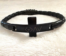 Men's Black Braided Leather Cuff Bracelet Magnetic Clasp Stainless Steel Cross