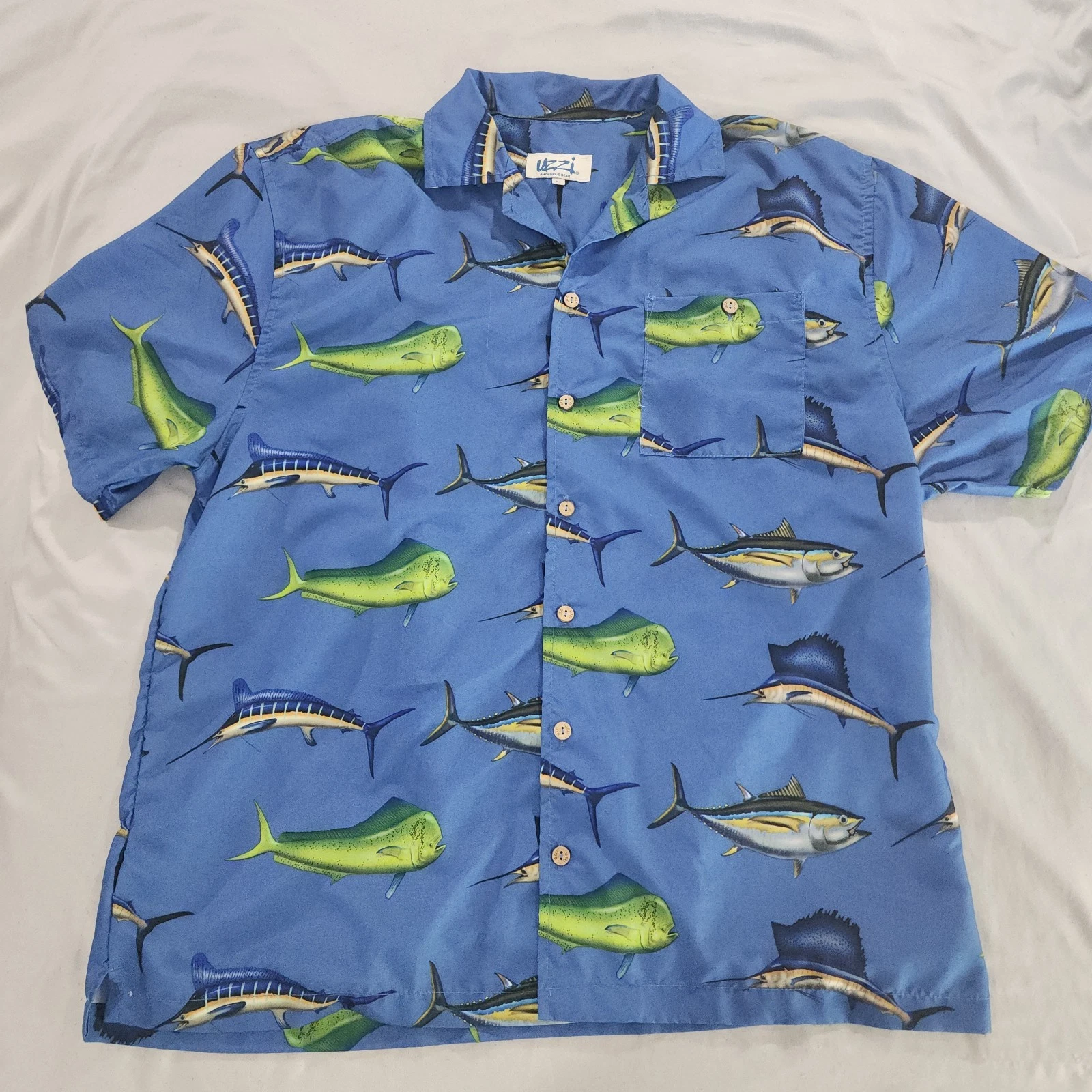 Uzzi Amphibious Gear Mens Hawaiian Shirt Fish Print LARGE