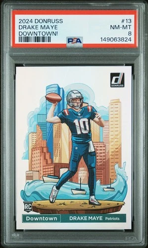 2024 Donruss Drake Maye #13 Downtown! Rookie Card CASE HIT PSA 8 NM-MINT