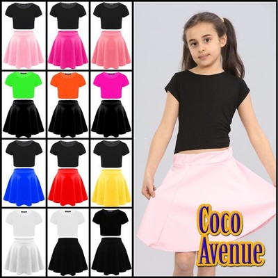 Girls Crop Top Short Skater Skirt Plain Short Sleeve Kids Summer Set 3-13  Years