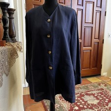 Vintage Jones New York Women s Open Button Navy Linen Blazer Sz 6 80s 90s