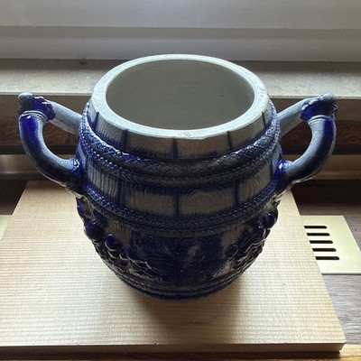 Vintage Steinzeug Fass salzglasiert Westerwald Senffass Weinfass Blau Grau 19cm