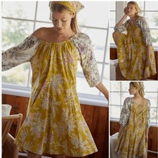 Anthropologie Daily Practice Mustard Yellow Puff Sleeve Mini Dress w/ Pockets XS