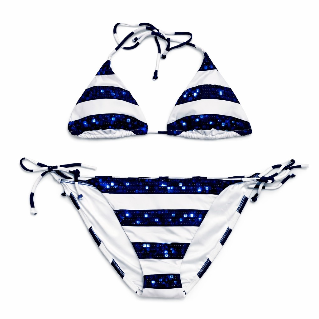 NWT Y2K VICTORIA'S SECRET Bikini Set Vtg Sequin Blue White Nautical Striped L