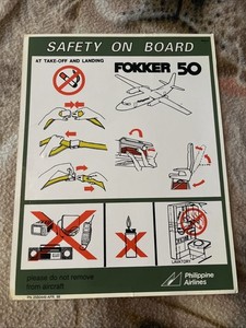PHILIPPINE AIRLINES Fokker 50 Issue 1  ( P/N 25BO449 APR 98  ) Safety Card