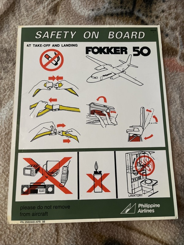 PHILIPPINE AIRLINES Fokker 50 Issue 1  ( P/N 25BO449 APR 98  ) Safety Card