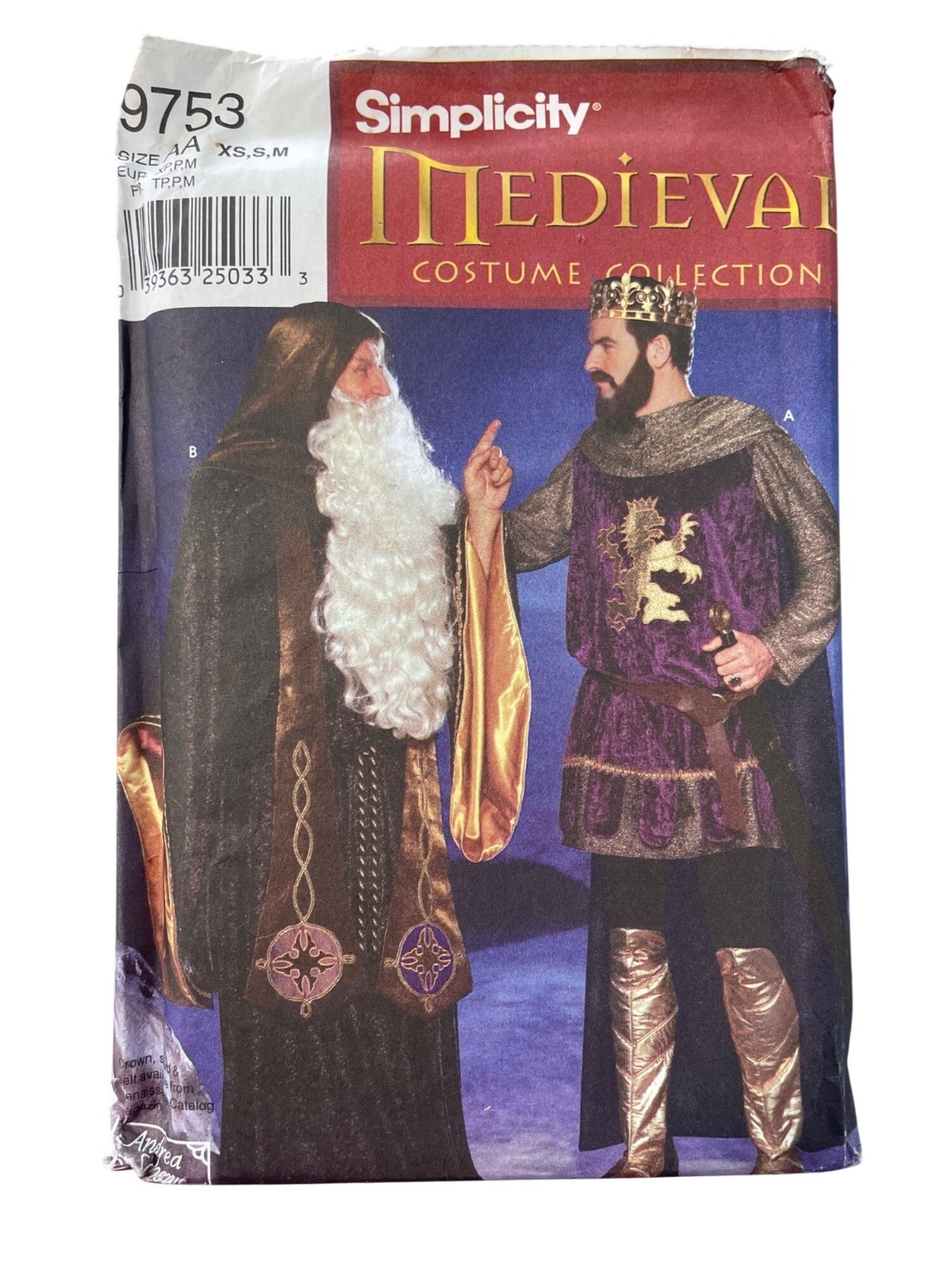 Patrón de costura Simplicity 9753 talla XS-M medieval para hombre Merlín Mago Rey SIN CORTAR