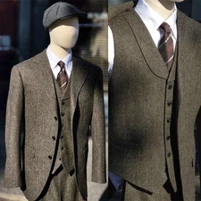 Vintage Tweed Men Suit 3 Pieces Jacket Business Herringbone Wedding Prom Blazer