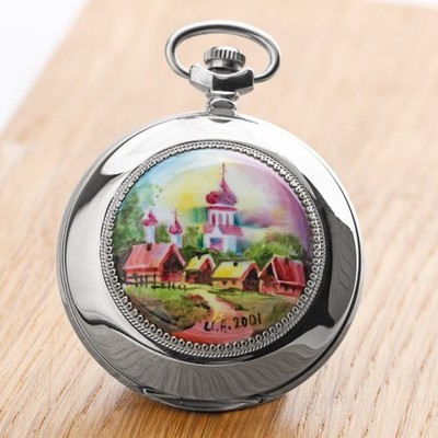 Taschenuhr Dorf Motiv handbemalt jede ein Unikat russische Uhr MOLNIJA 3602