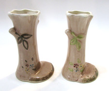 2 Vintage 1960's Mexico Hand Painted Ceramic Small 5" Tall Tree Trunk Bud Vases