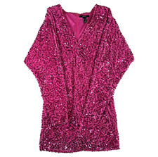 FOREVER 21 WOMEN'S MINI DRESS PINK SEQUIN LONG SLEEVE V-NECK LINED SIZE MEDIUM
