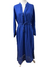 Tahari NWT Linen Royal Blue Maxi Dress. Eyelet Trim, Drawstring Waist Sz Med
